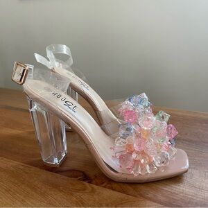 Rouge Helium Pastel Faux Crystal Bauble Sandal Clear 4” High Heels Party 8.5
